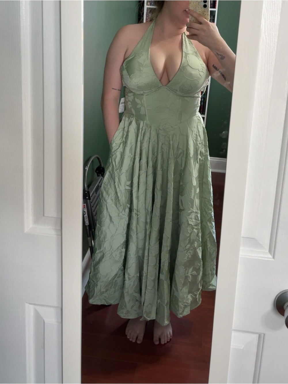Sage green jacquard Halter midi dress NWT